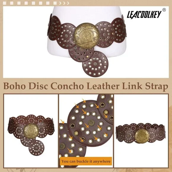 Women Western Leather Belt Boho Dics Conch Waist Belt for Dress Jeans